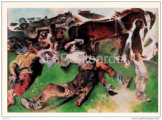 painting by E. Moiseenko - Cherries , 1969 - horse - soldiers - Maxim - russian art - unused - JH Postcards