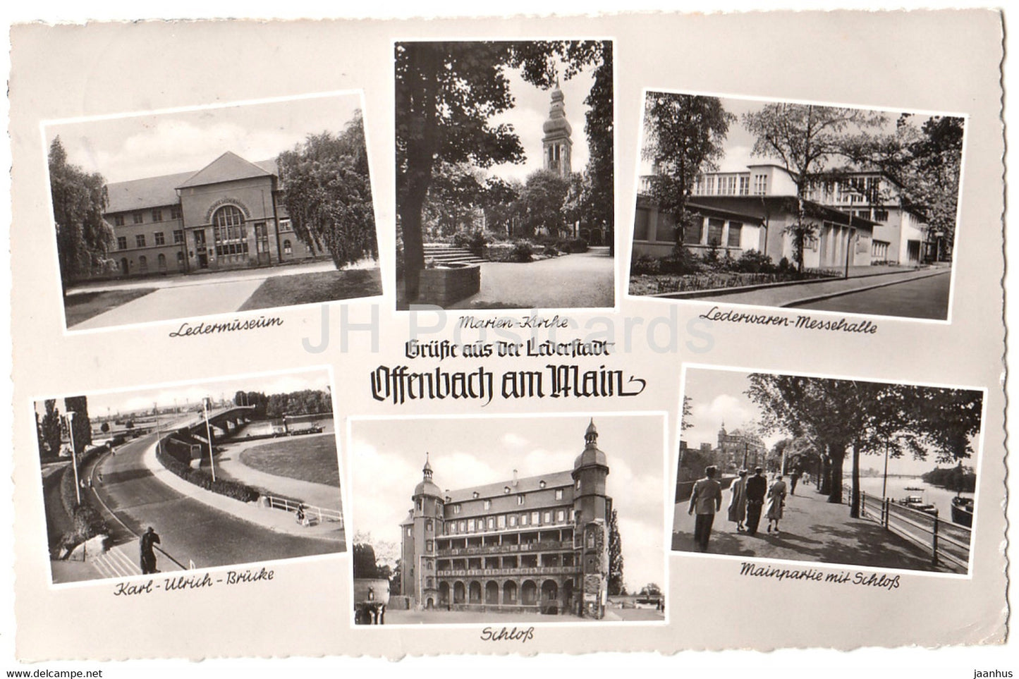 Grusse aus der Lederstadt Offenbach am Main - Ledermuseum - Karl Ulrich Brucke - old postcard - 1957 - Germany - used - JH Postcards