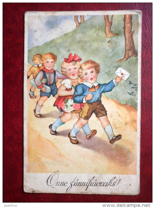 Birthday Greeting Card - children - gifts - flowers - old postcard - Estonia - used - JH Postcards