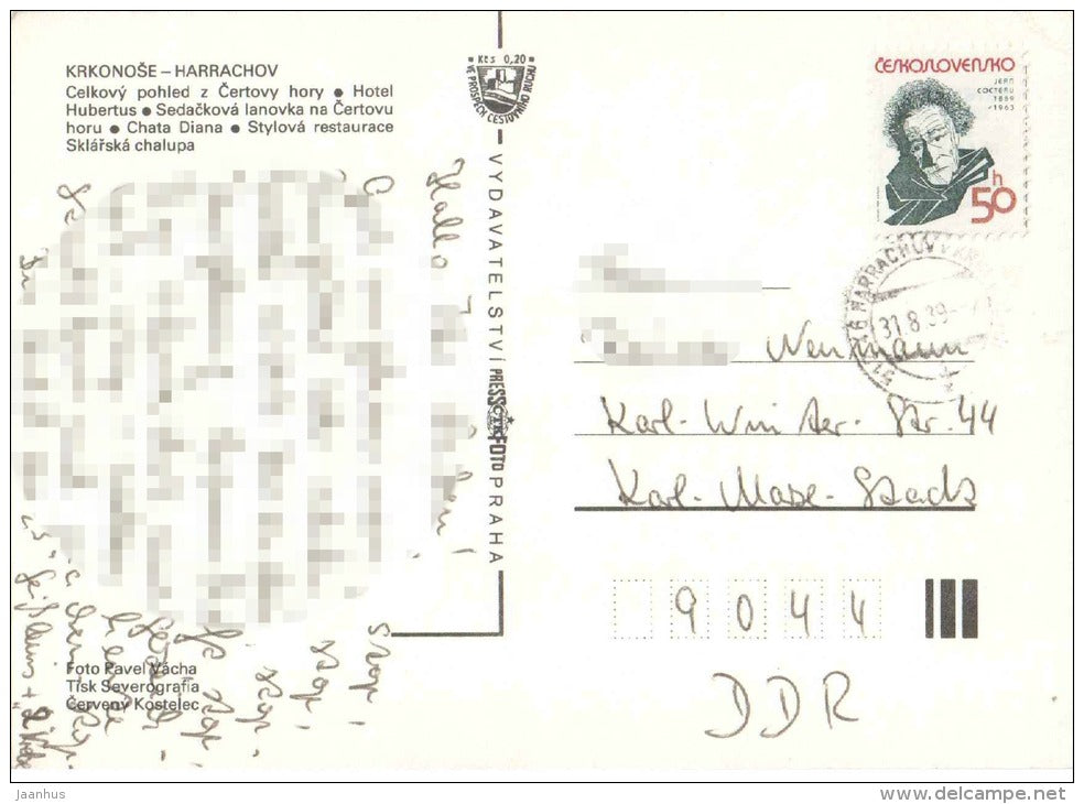 Harrachov - panorama - hotel Hubertus - cableway to Certova Hora - cottage Diana - Czechoslovakia - Czech - used 1989 - JH Postcards