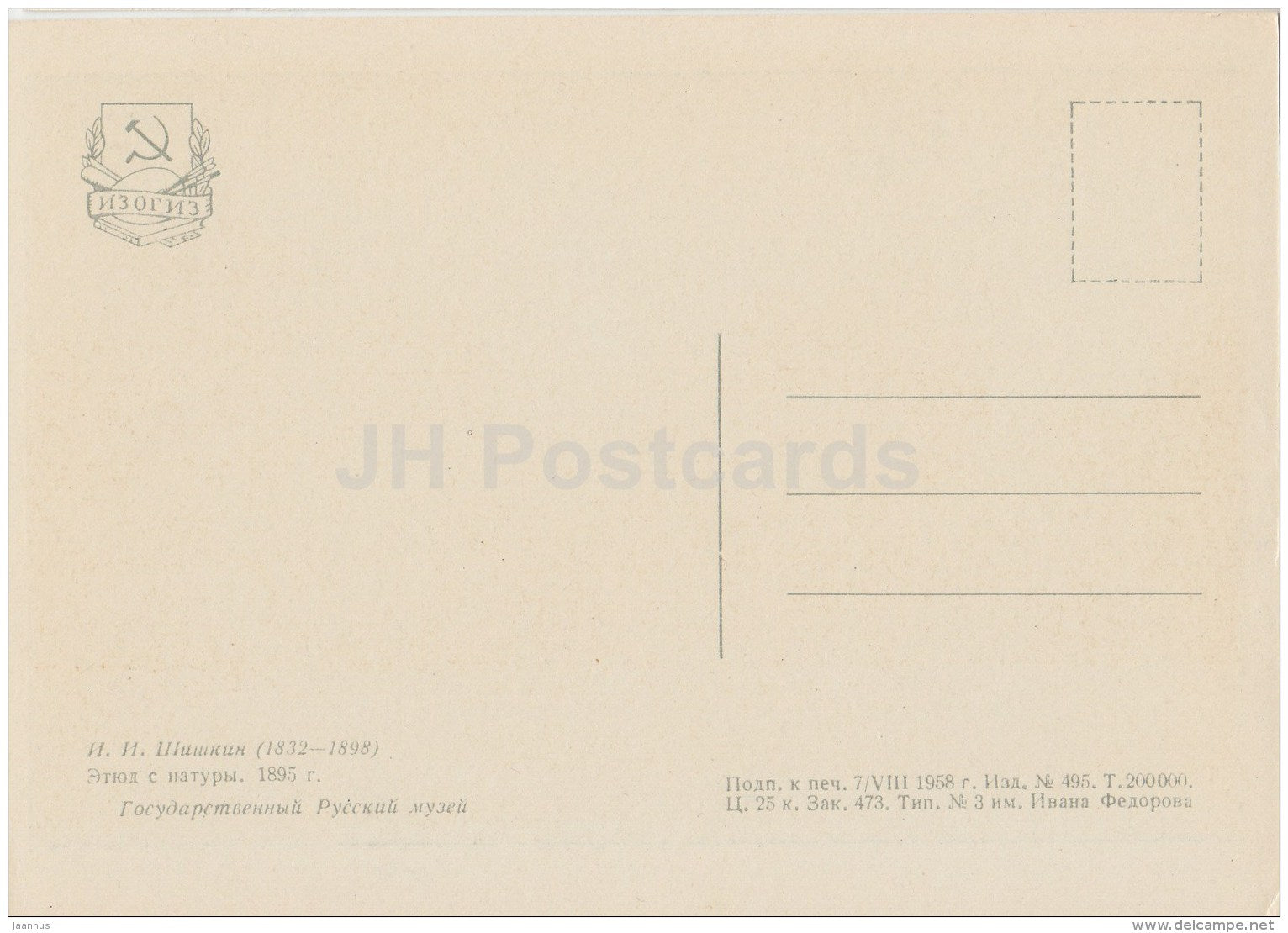 painting by I. Shishkin - Sketch from nature , 1895 - Russian art - 1958 - Russia USSR - unused - JH Postcards