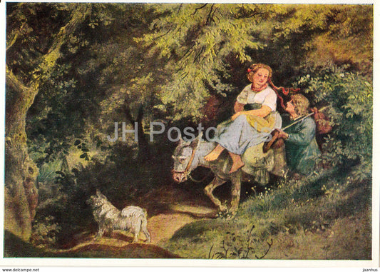 painting by Adrian Ludwig Richter - Ritt durch den Wald - donkey - dog - German art - DDR Germany - unused - JH Postcards