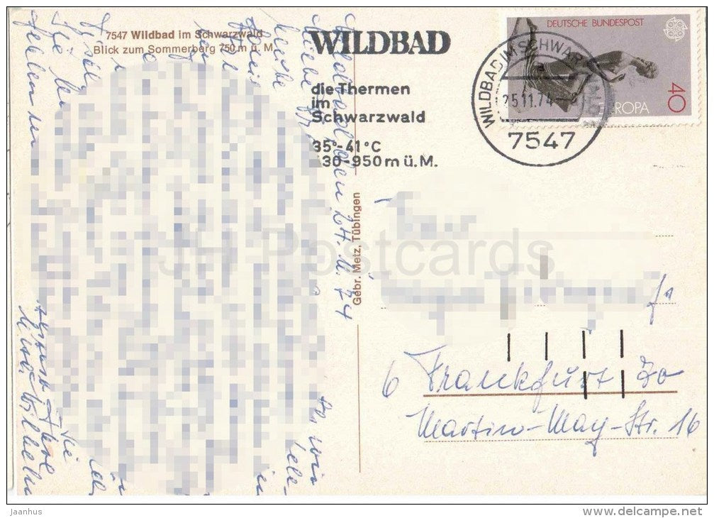 Wildbad im Schwarzwald , Blick zum Sommerberg 750 m. - EUROPA CEPT - 7547 - Germany - 1974 gelaufen - JH Postcards