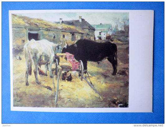 painting by V. A. Serov - Oxen , 1885 - carriage - russian art - unused - JH Postcards