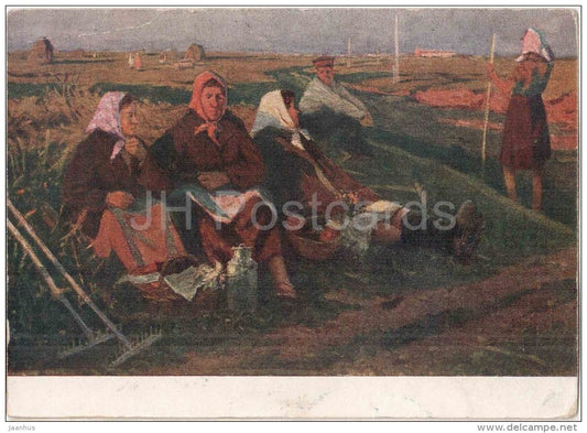painting by P. Blok - After Work - women - rake - russian art - unused - JH Postcards