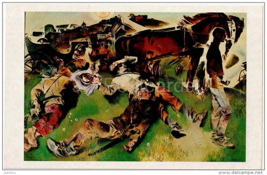painting by E. Moiseenko - 1 - Cherries , 1969 - horse - soldiers - Maxim - russian art - unused - JH Postcards