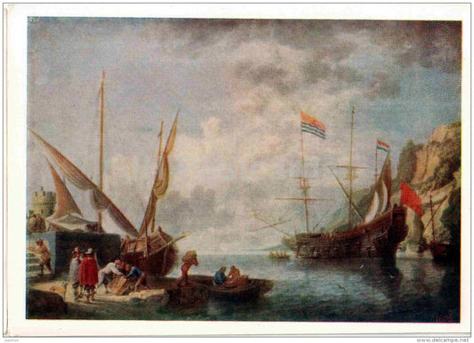 painting by David Teniers the Younger - Coastal harbor - sailing ship - Flemish art - 1959 - Russia USSR - unused - JH Postcards