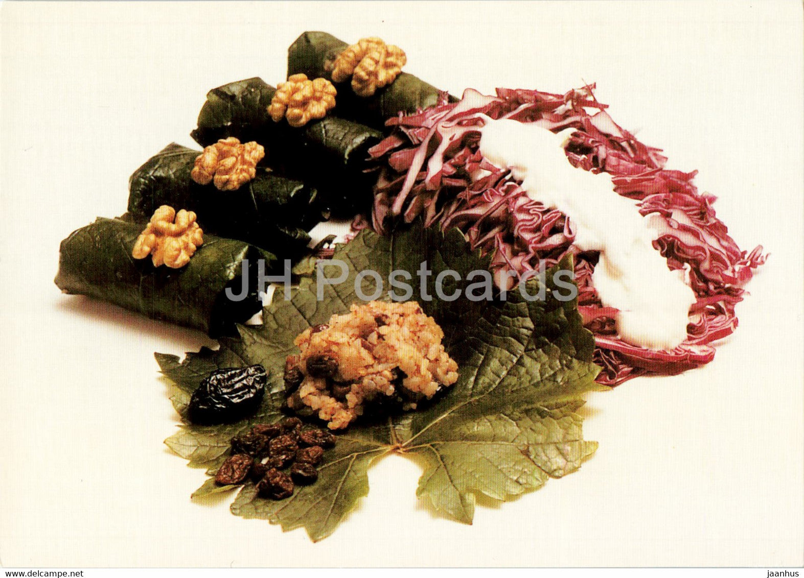 Stuffed grape leaves - Red cabbage salad - Vegetarian dishes - recipes - 1989 - Russia USSR - unused - JH Postcards