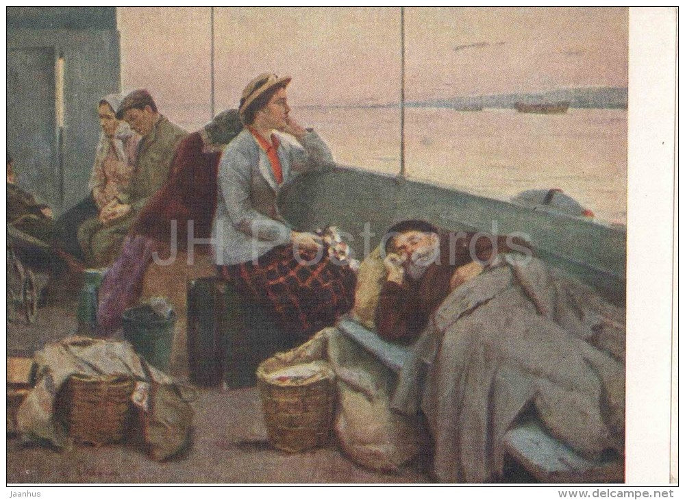 painting by B. Lavrenko - To the Village - ship - river - russian art - unused - JH Postcards
