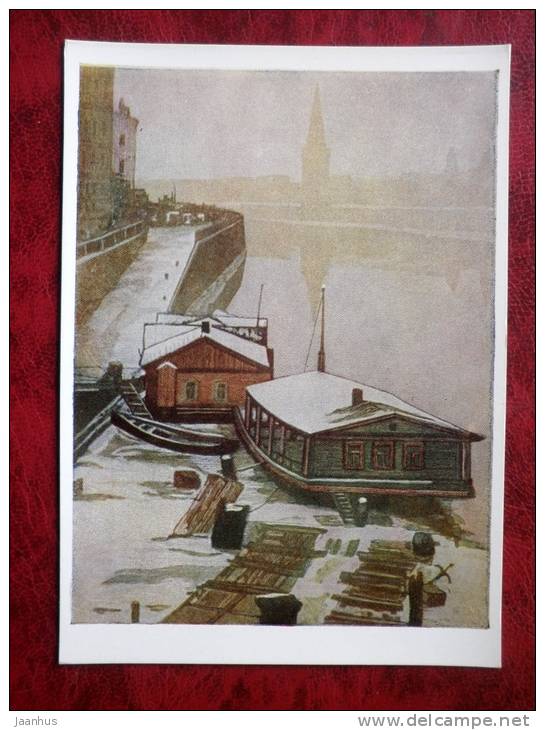 Engraving by Ivan Pavlov - on the Moscow River - art - postcard printed in 1958 - Russia - USSR - unused - JH Postcards