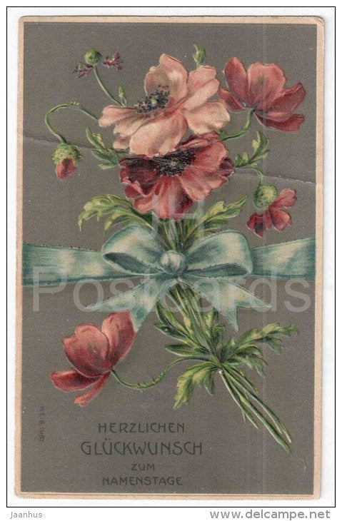 Herzlichen Glückwunsch zum Namenstage - M.S.i.B. 14187 - circulated in Imperial Russia Reval Train Station 1913 - JH Postcards