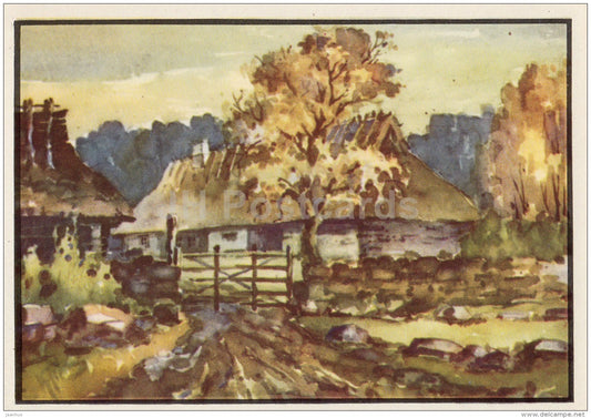 illustration by K. Tihase - Farmyard - Valjala - Tõnija - Estonian farm buildings - 1974 - Estonia USSR - unused - JH Postcards