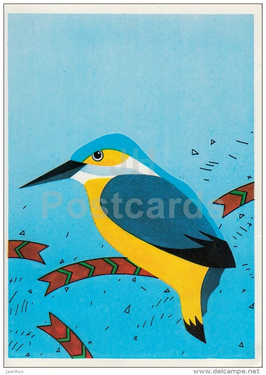 illustration by R. Miitel - Kingfisher - bird - 1989 - Estonia USSR - unused - JH Postcards