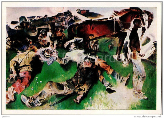 painting by E. Moiseenko - 2 - Cherries , 1969 - horse - soldiers - Maxim - russian art - unused - JH Postcards