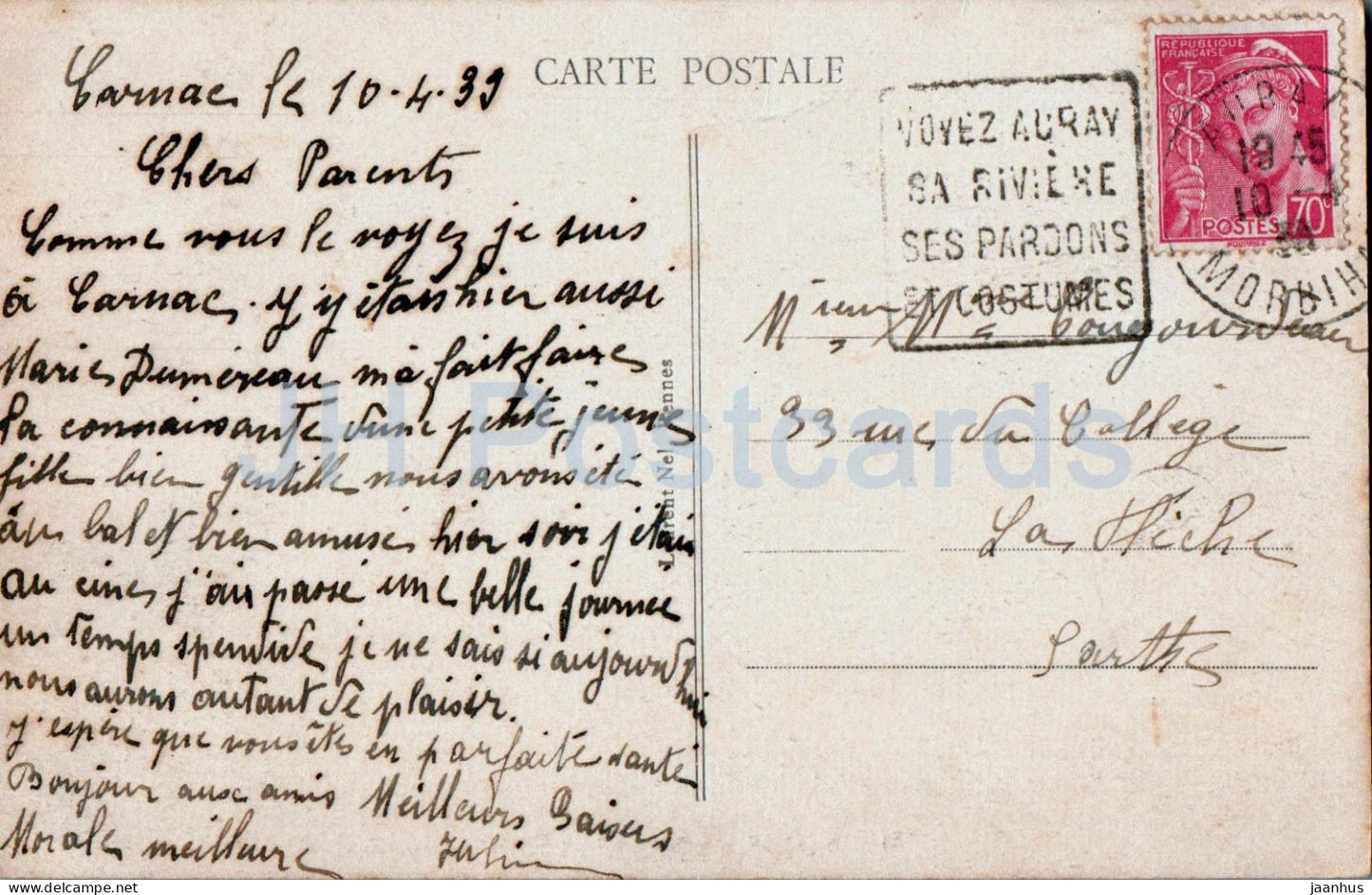 Carnac - Alignement du Menec - 842 - carte postale ancienne - 1939 - France - occasion 