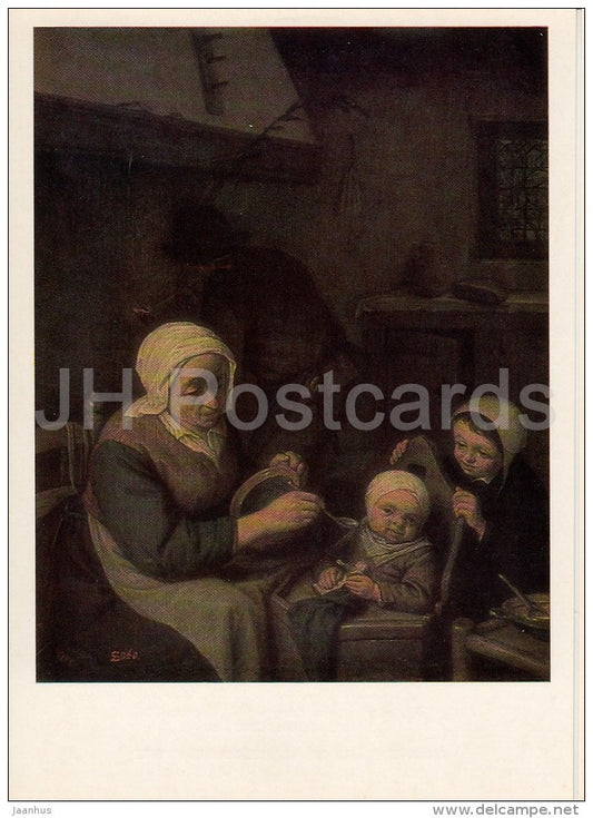 painting by Adriaen van Ostade - Peasant Family , 1667 - baby - Dutch art - Russia USSR - 1985 - unused - JH Postcards