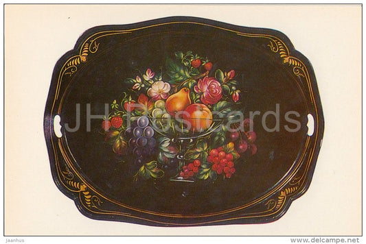 Tray by A. Leznov - Vase with Fruit and Flowers - pear - Russian Hand-Painted Trays - 1981 - Russia USSR - unused - JH Postcards