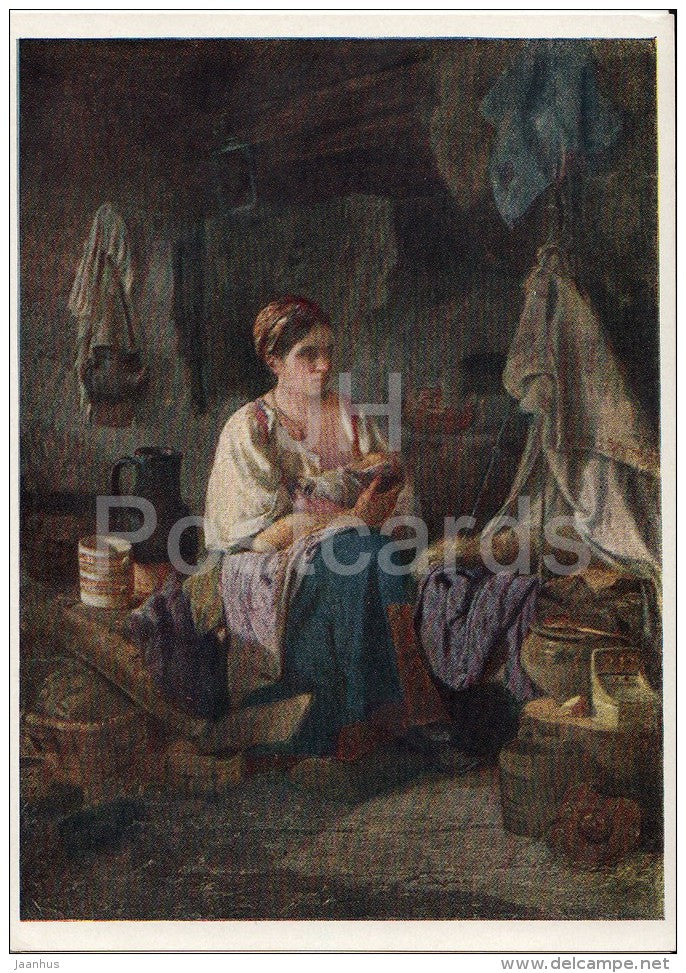 painting by I. Pelevin - Young Mother , 1869 - Russian art - 1958 - Russia USSR - unused - JH Postcards