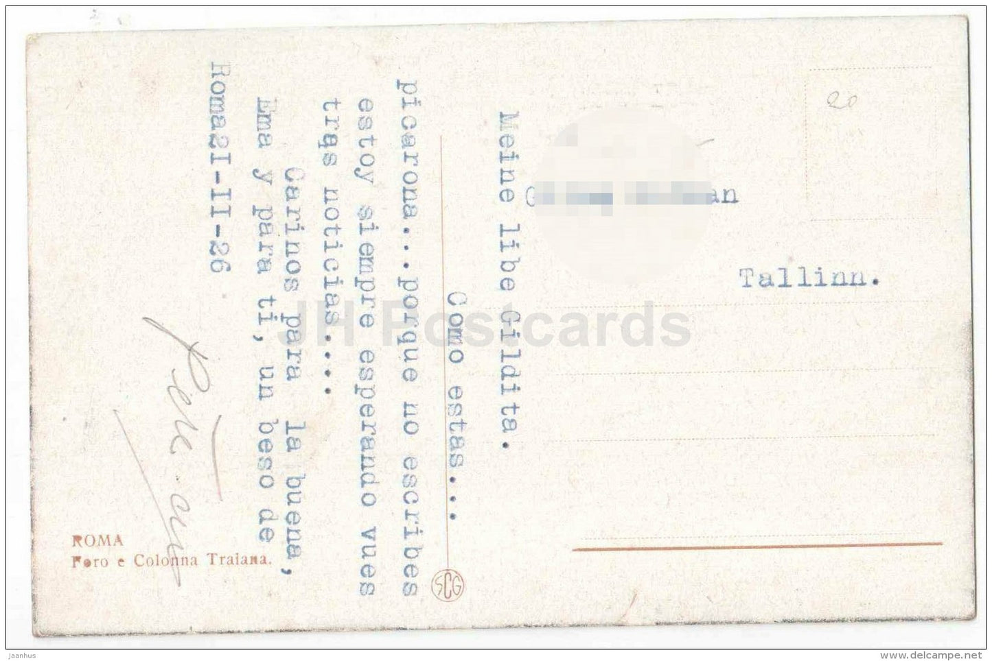 Foro e Colonna Traiana - Forum and Trajan's column - Roma - Italy - sent from Italy to Estonia Tartu 1926 - JH Postcards