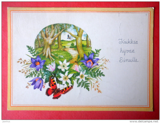 illustration - butterfly - flowers - forest - 4579/4 - Finland - sent from Finland Turku to Estonia USSR 1984 - JH Postcards