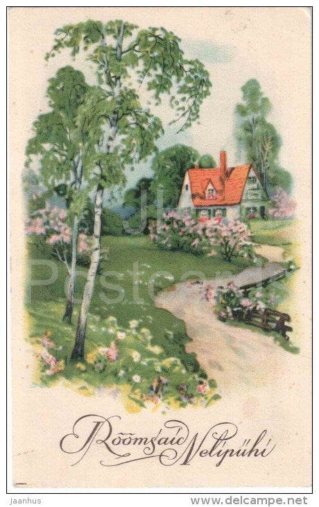 pentecost greeting card - birch tree - house - WO 661 - circulated in Estonia 1930s - JH Postcards