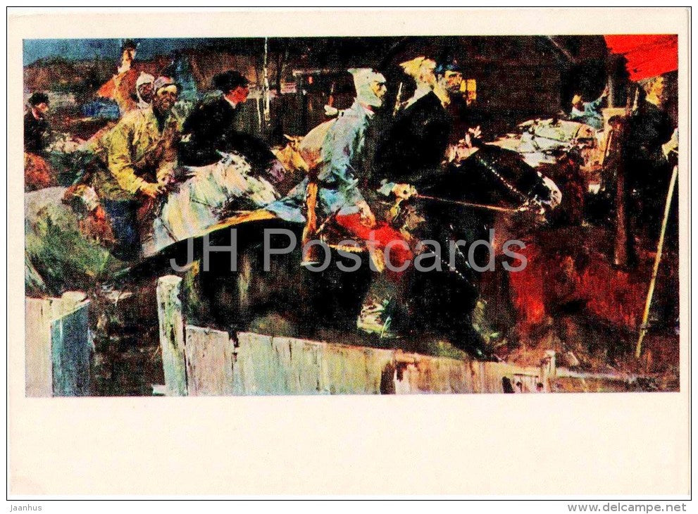 painting by E. Moiseenko - Red Army has come  , 1961 - horse - soldiers - russian art - unused - JH Postcards