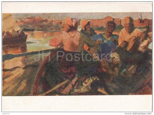 painting by B. Berzin - On Daugava river - boat - guitar - latvian art - unused - JH Postcards