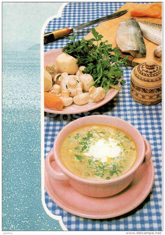 soup from sardines in a pot - champignon - Fish Dishes  - cuisine - 1990 - Russia USSR - unused - JH Postcards