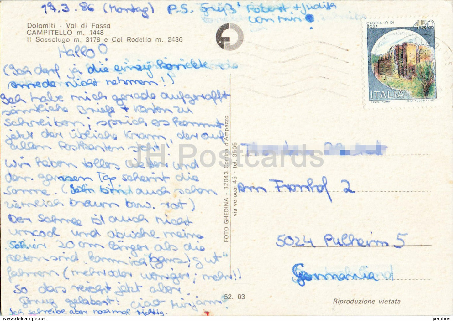 Campitello 1448 m - Il Sassolungo 3178 m - Col Rodella 2486 m - Val di Fassa - Dolomiti - 1986 - Italien - gebraucht