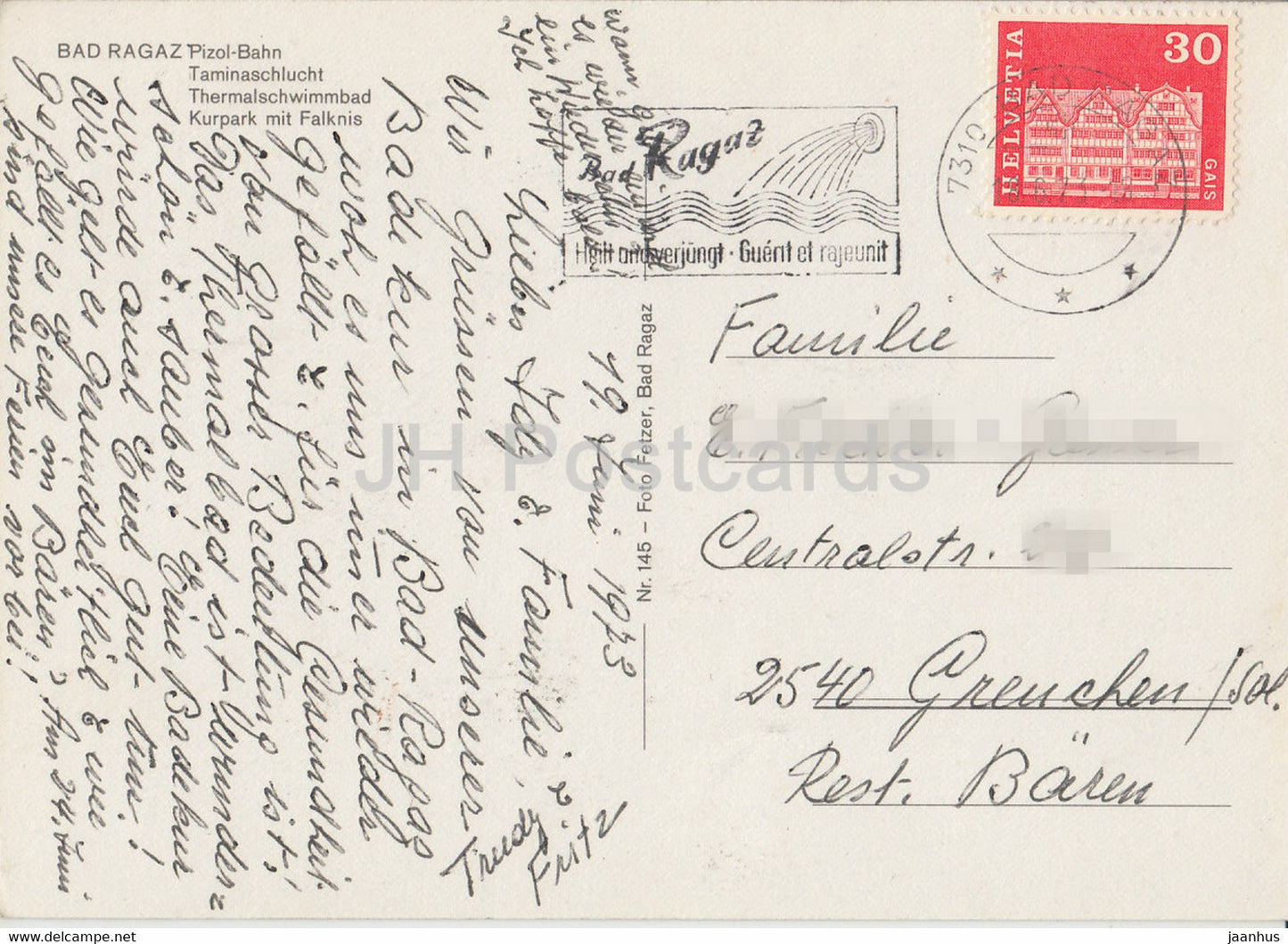 Bad Ragaz - Pizol Bahn - Taminaschlucht - Thermalschwimmbad - Kurpark mit Falknis - 145 - 1973 - Suisse - utilisé