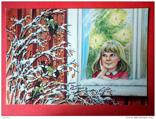 Christmas Greeting Card by M. Pitkäranta - Christmas tree - girl - candle - tit - Finland - sent to Estonia USSR 1983 - JH Postcards