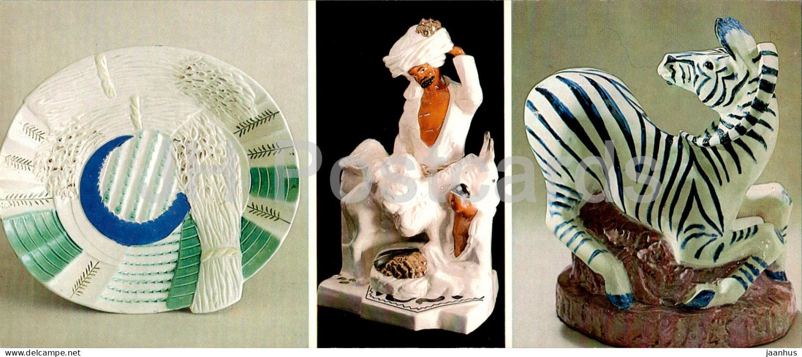 biscuit basket - zebra figurine - porcelain and faience - applied art - Russian art - 1984 - Russia USSR - unused - JH Postcards