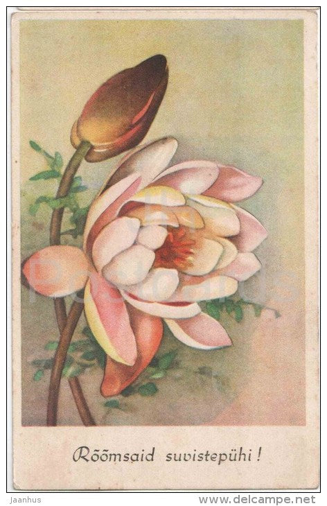 pentecost greeting card - peony - flowers - MH - circulated in Estonia 1944 - JH Postcards
