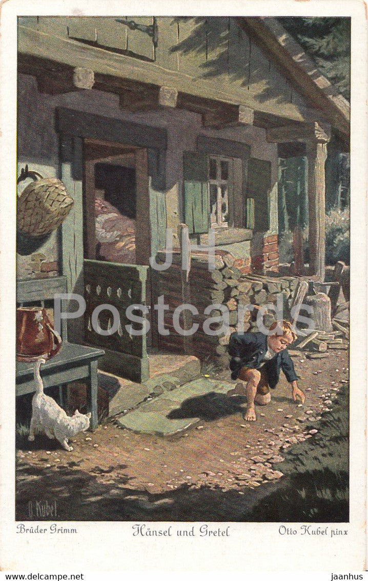 Bruder Grimm - Hansel und Gretel - illustration by Otto Kubel - boy - cat - Uvachrom 3712 - old postcard - unused - JH Postcards
