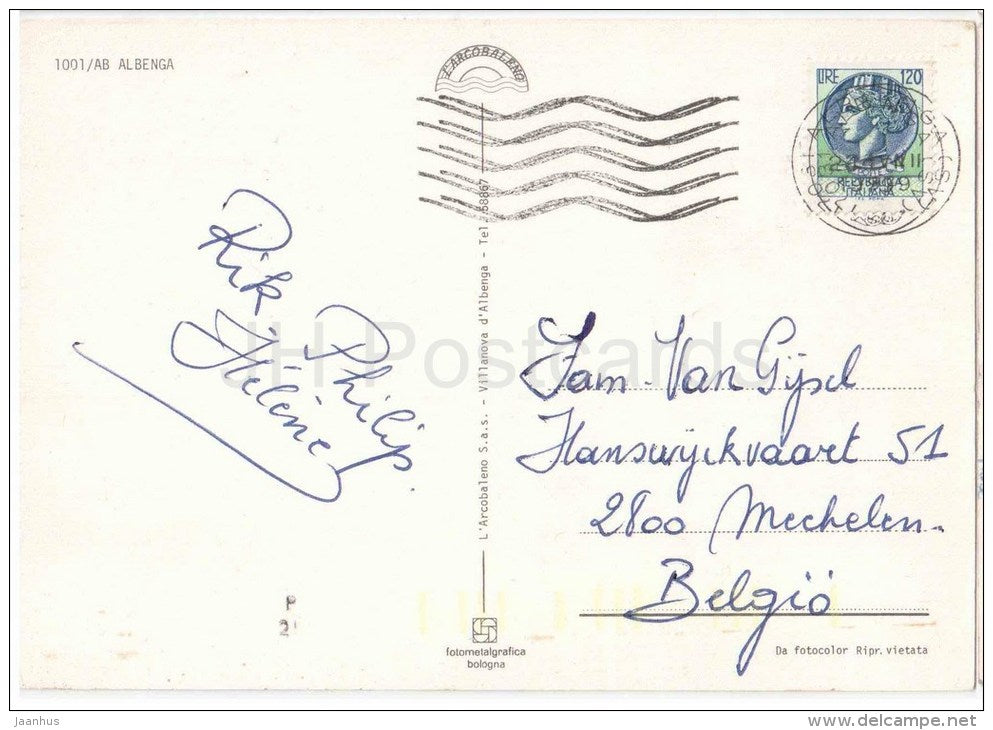 Albenga - beach - sailing boat - Liguria - 1001/AB - Italia - Italy - sent from Italy to Belgia - JH Postcards