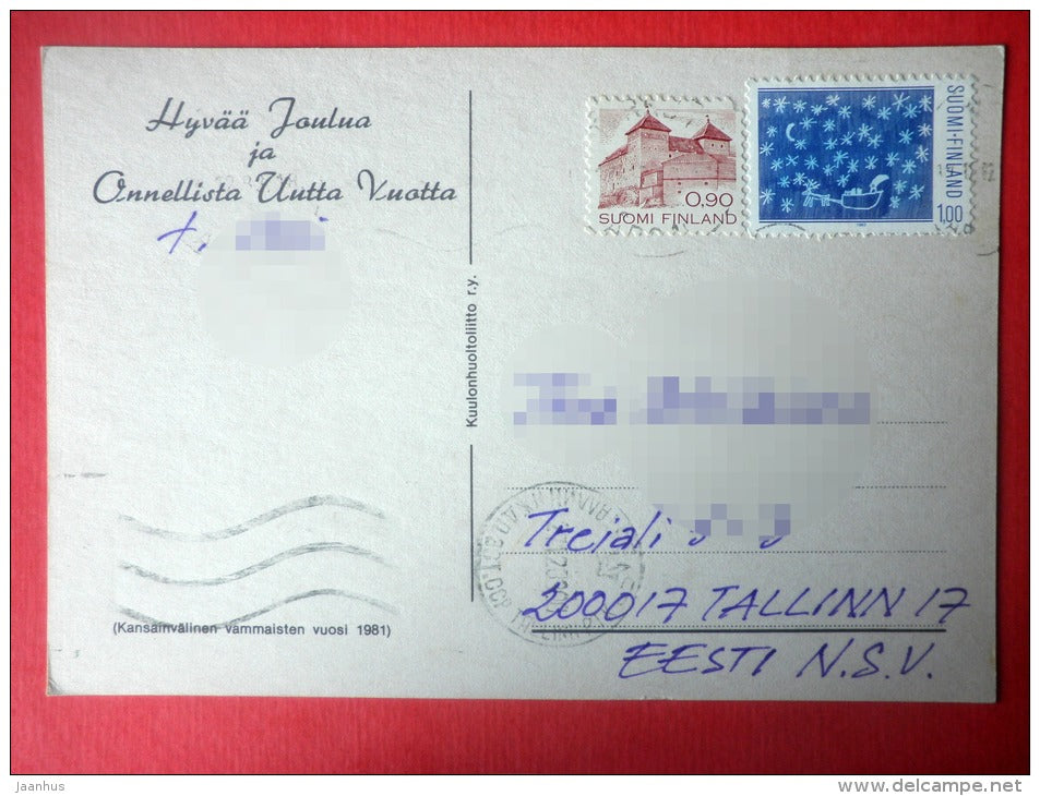 Christmas Greeting Card by M. Pitkäranta - Christmas tree - girl - candle - tit - Finland - sent to Estonia USSR 1983 - JH Postcards