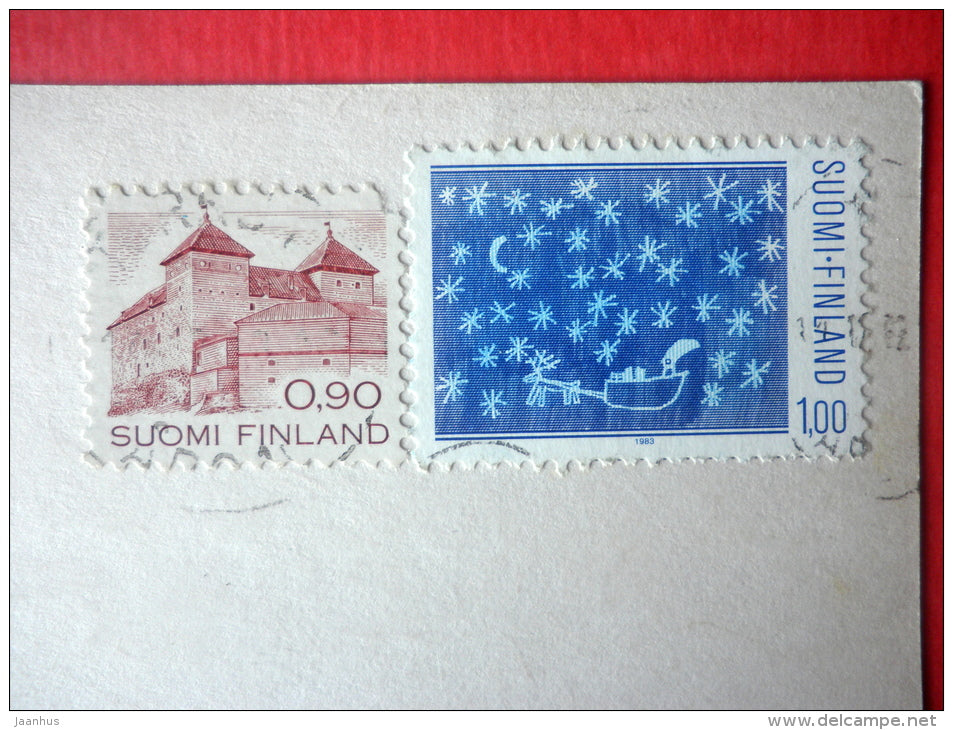 Christmas Greeting Card by M. Pitkäranta - Christmas tree - girl - candle - tit - Finland - sent to Estonia USSR 1983 - JH Postcards