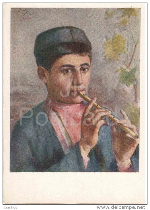 painting by A. Beridze - Boy playing the flute - musical instrument - georgian art - unused - JH Postcards