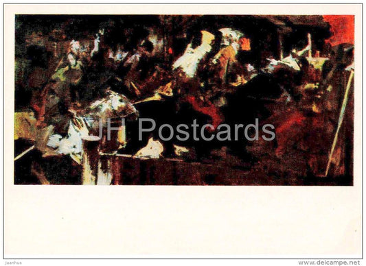 painting by E. Moiseenko - 1 - Red Army has come . Sketch  , 1961 - horse - soldiers - russian art - unused - JH Postcards