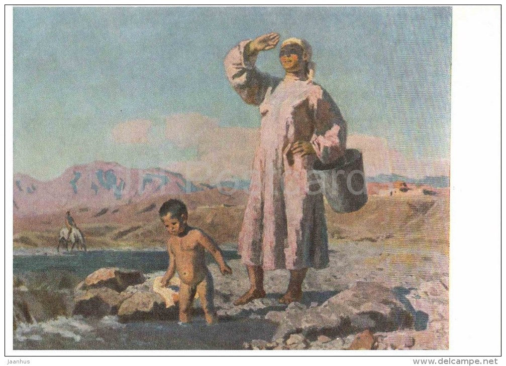 painting by S. Chuyikov - The Morning , 1947 - mother and child - russian art - unused - JH Postcards