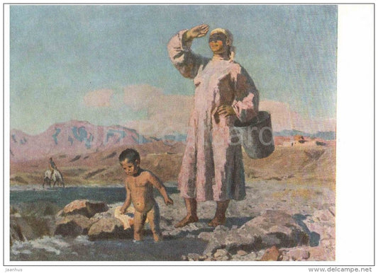 painting by S. Chuyikov - The Morning , 1947 - mother and child - russian art - unused - JH Postcards