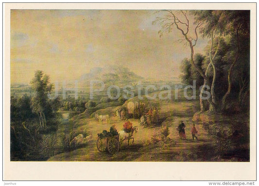 painting by Lucas van Juden - Landscape with Carriages and a Mountain - Flemish art - Russia USSR - 1982 - unused - JH Postcards