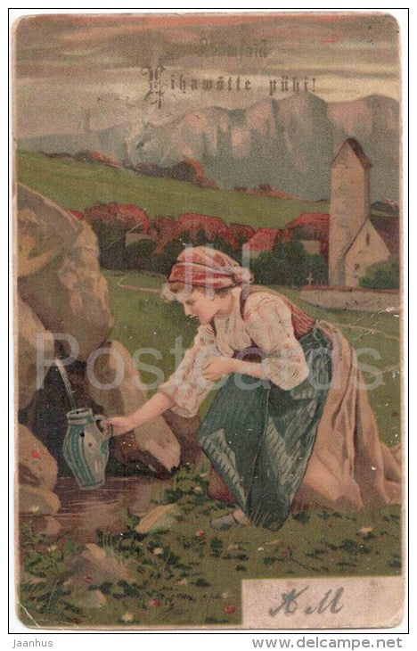 easter greeting card - woman taking water - mountains - old postcard - circulated in Estonia - JH Postcards