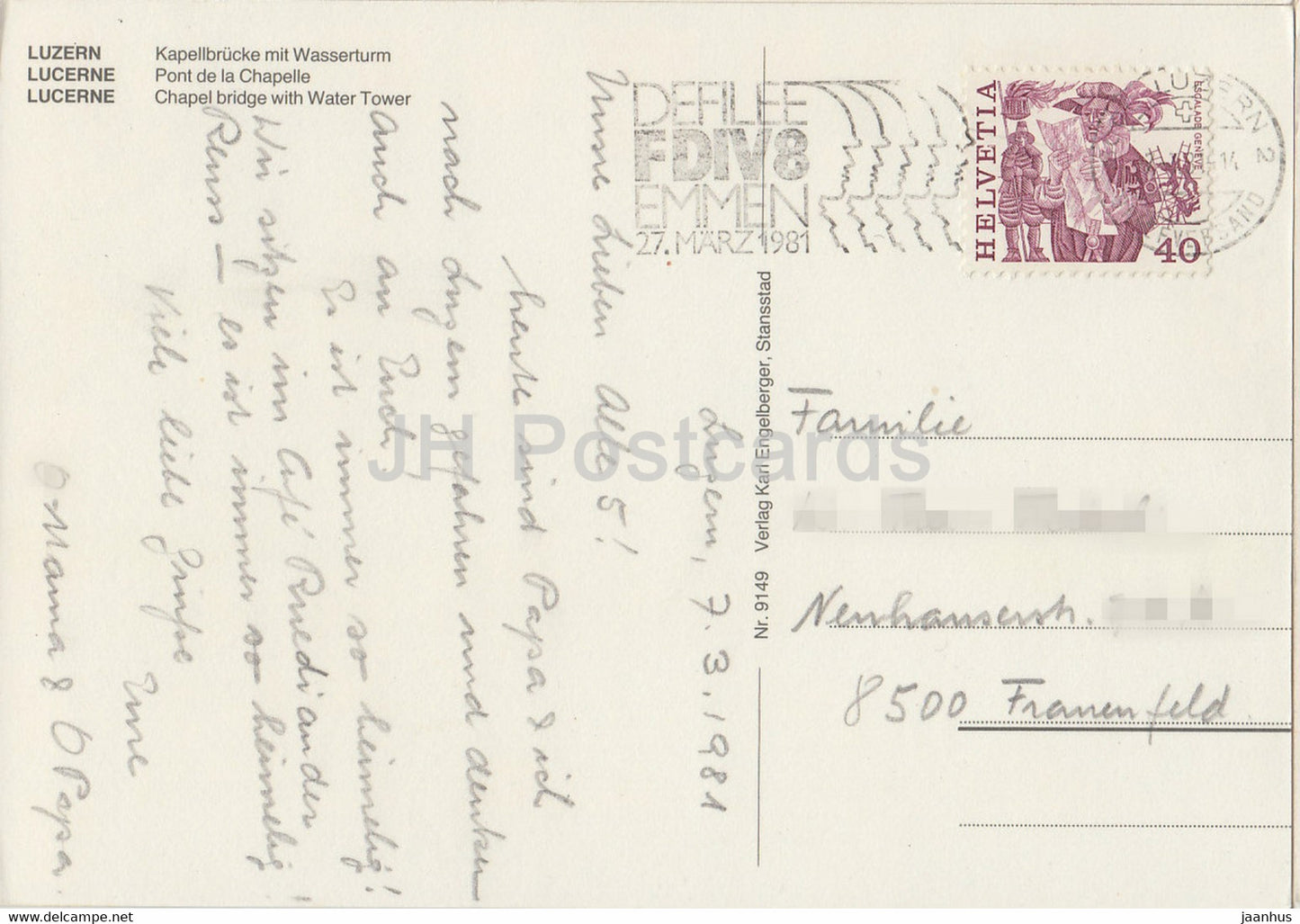 Luzern - Lucerne - Gruss aus Luzern - Kapellbrucke mit Wasserturm - 9149 - 1981 - Suisse - d'occasion