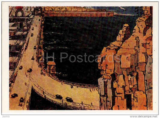 painting by S. Kupriyanov - Angara Hydroelectric Plant , 1959 - russian art - unused - JH Postcards
