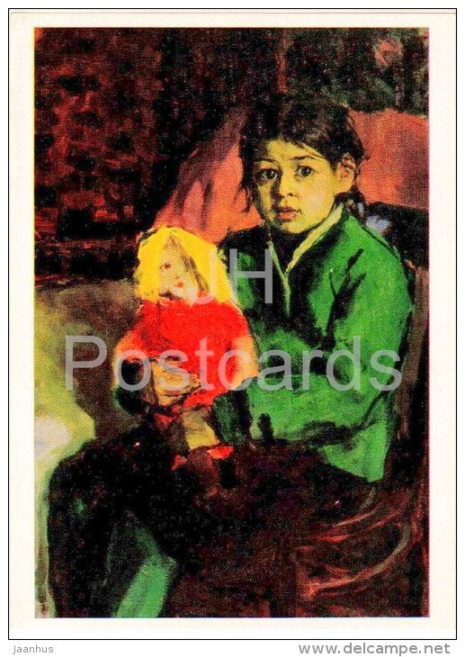 painting by A. Abdullaev - portrait of a girl Shaklha , 1959 - girl with a doll - uzbekistan art - unused - JH Postcards