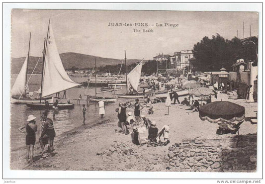 Juan-les-Pins - La Plage - beach - sailing boat - Ed. Giletta - old postcard - France - unused - JH Postcards