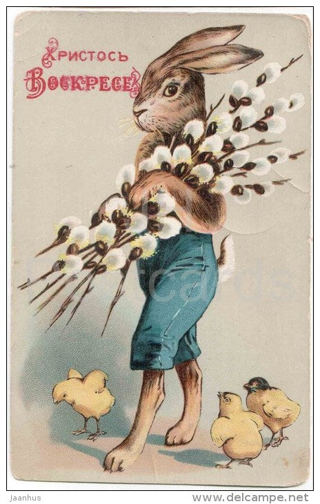 easter greeting card - hare - rabbit - chicken - 484 - old postcard - circulated in Imperial Russia Estonia 1912 - JH Postcards