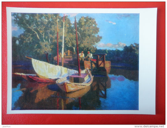 painting by V. Odintsov . On the Volga - sailing boat - russian art  - unused - JH Postcards