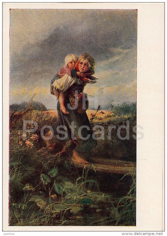 painting by K. Makovsky - Children fleeing from the Storm , 1872 - Russian art - 1955 - Russia USSR - unused - JH Postcards